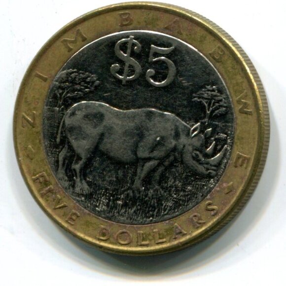 2001 Zimbabwe Bimetallic Rhino $5 Coin (b489-7) - Picture 2 of 2